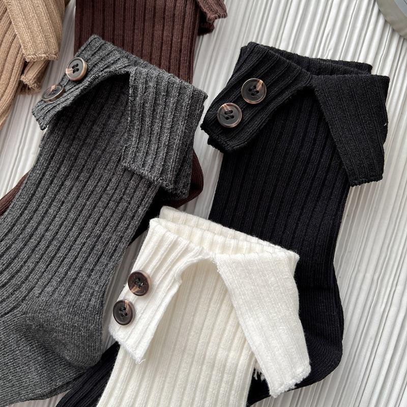 2025 New Turn-Up Cuff Socks with Hand-Sewn Buttons INS Causal Decorative Mid-Calf Cotton Socks for Girle Trendy Crew Socks