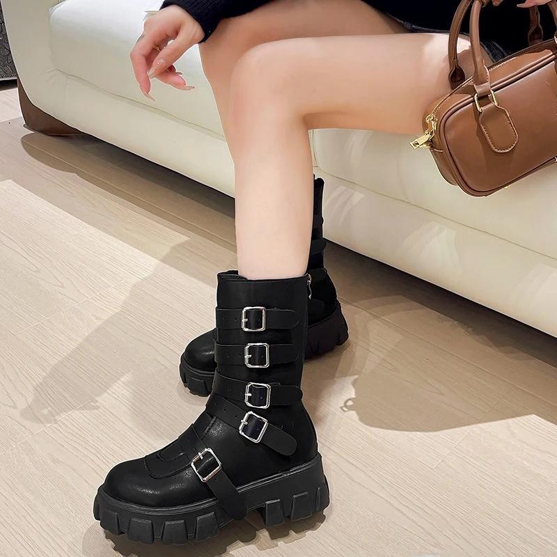 Fashion Belt Buckle Women's Half High Boots Height Increase Round Toe Ladies Mid Calf Shoes Work Footwear Gyaru Large Size on Offer Boot