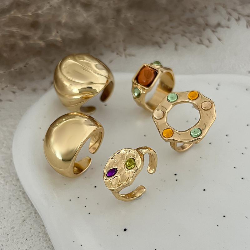 5Pcs Vintage Irregular Metal Large Circular Rings For Women Colorful Rhinestone Opening Rings Fashion Jewelry Accessories Gifts