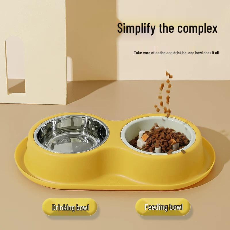 Pet Double Bowl: Stainless Steel Slow Feeder & Water Dispenser for Cats and Dogs