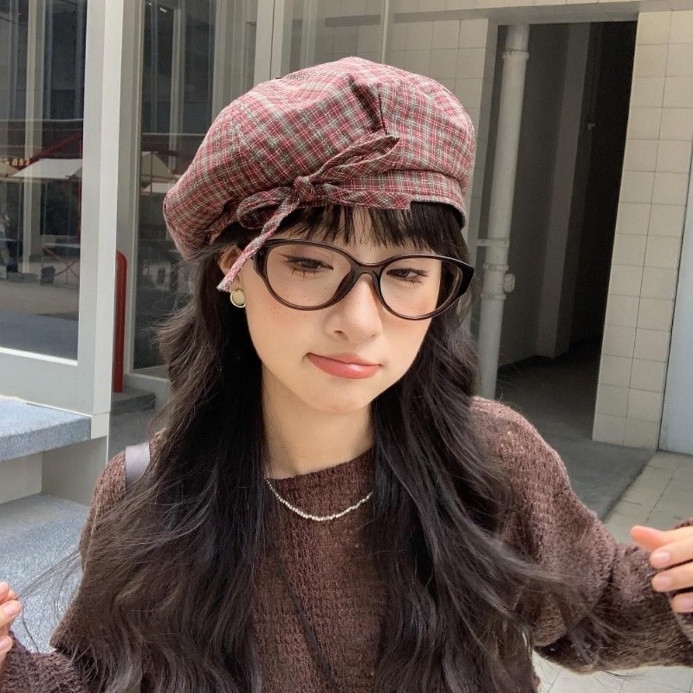 Korean Style Women Painter Hat Bow Women Octagonal Cap Sweet Plaid Beret Hat  Girl