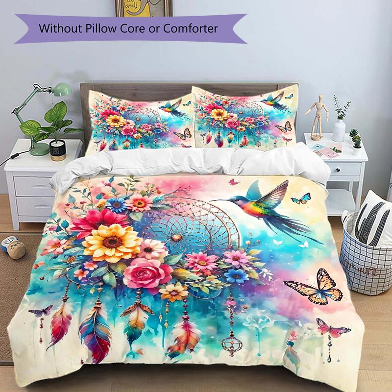 3pcs Birds Flowers Butterflies and Feathers in a Fantasy Garden Printed Quilt Set - Soft and Comfortable Quilt Cover for Bedroom, Guest Room and