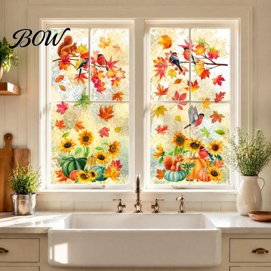 Seasonal Store Window Decorations Autumn Harvest Decals, Sunflower Maple Leaf Pumpkin Bird Static Cling Stickers, No Glue Glass Decals Reusable