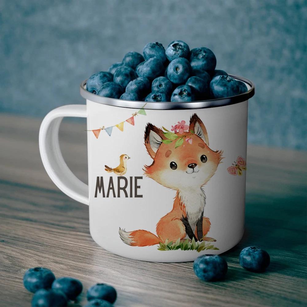 Personalized Name Forest Animals Fox Girl Gift Enamel Mug Daughter Birthday Gift Milk Cup Modern Printed Enamel Mug