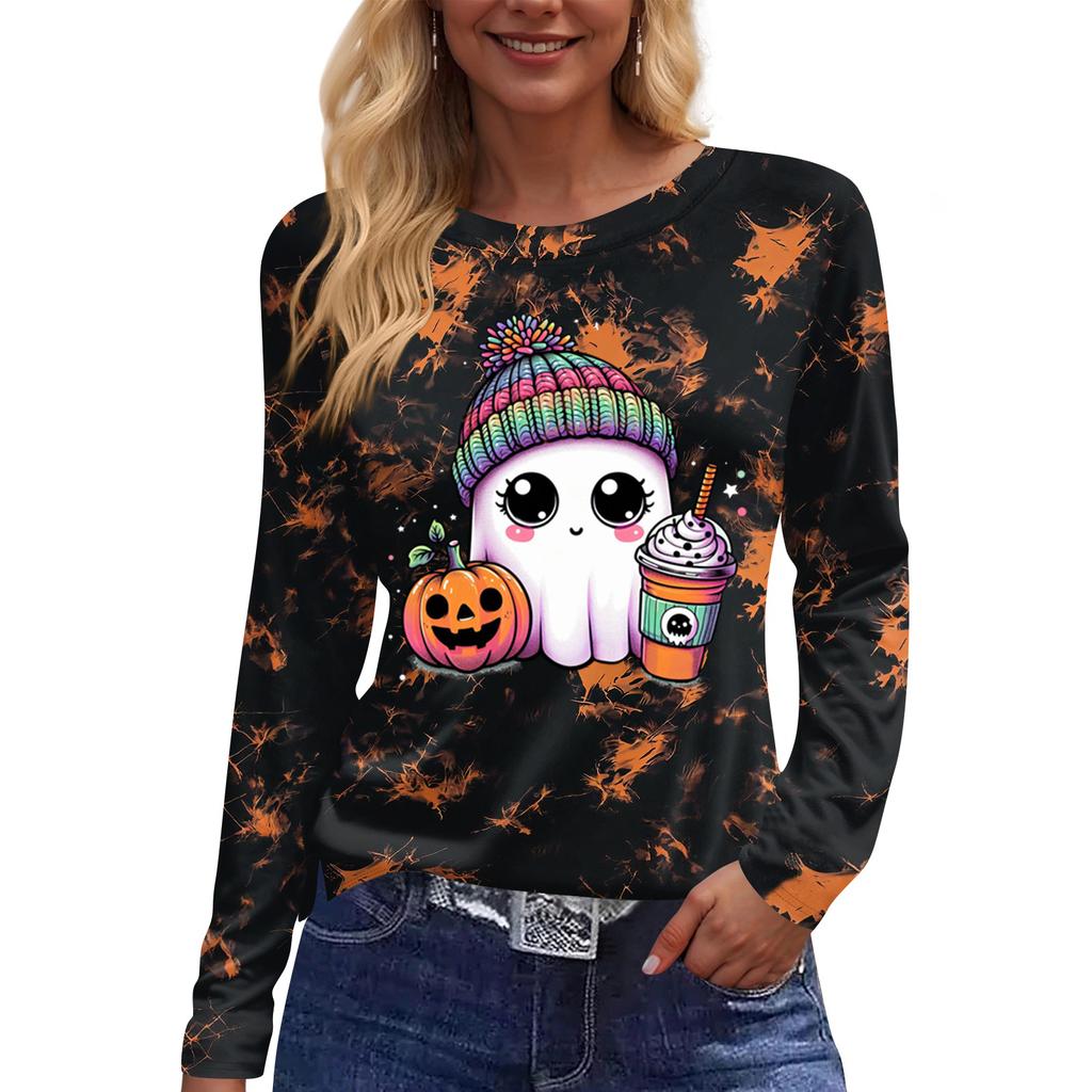 Women's Fashion Long Sleeve Tunic Top with Halloween Print and Side Slits - Round Neck Blouse for Party