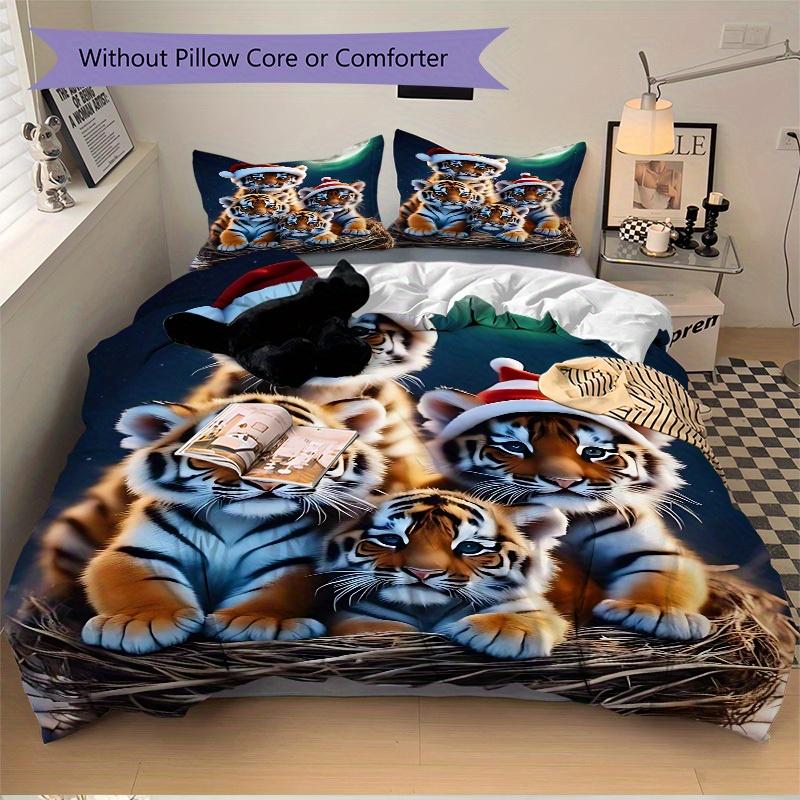 3Pcs Tiger Cubs Printed Bedding Set, Breathable And Soft, Machine Washable, Christmas Gift, Suitable for Bedroom Decoration, 15174