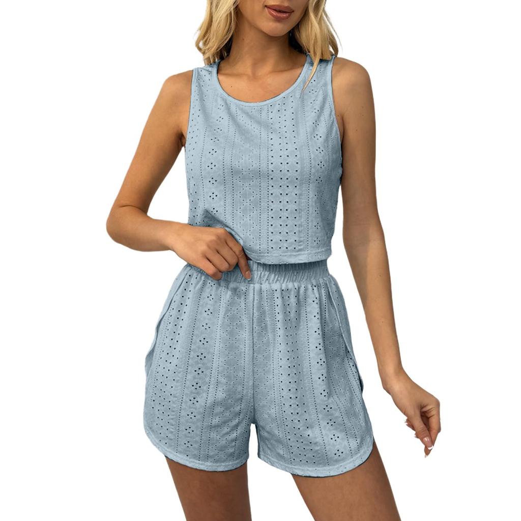 Women's Summer Fashion Sleeveless Vest Top Elastic Waist Shorts Casual Sports Two-piece Set