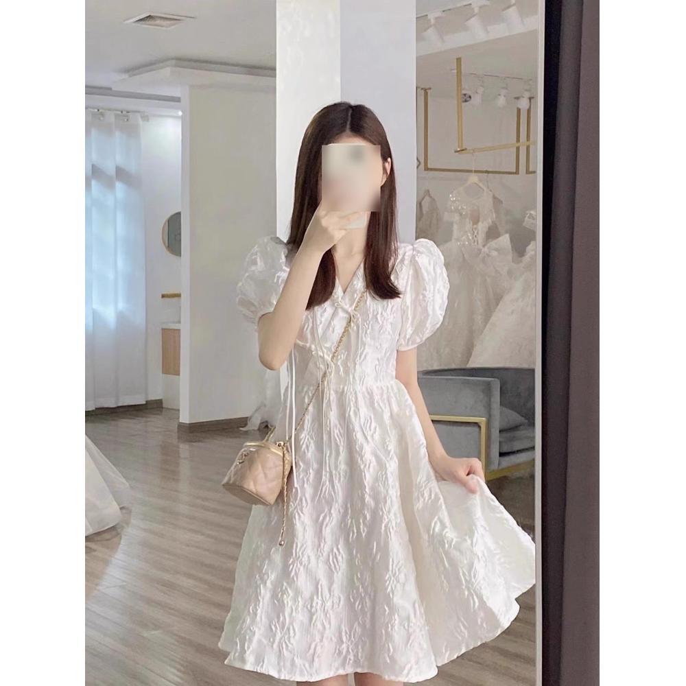 White Collar Bubble Sleeve Dress Women's Summer Fashion Casual Design Skinny Small Skirt