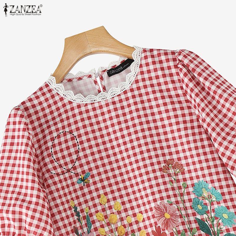 ZANZEA Women Grid Print Casual Round Neck Half Sleeve Blouse