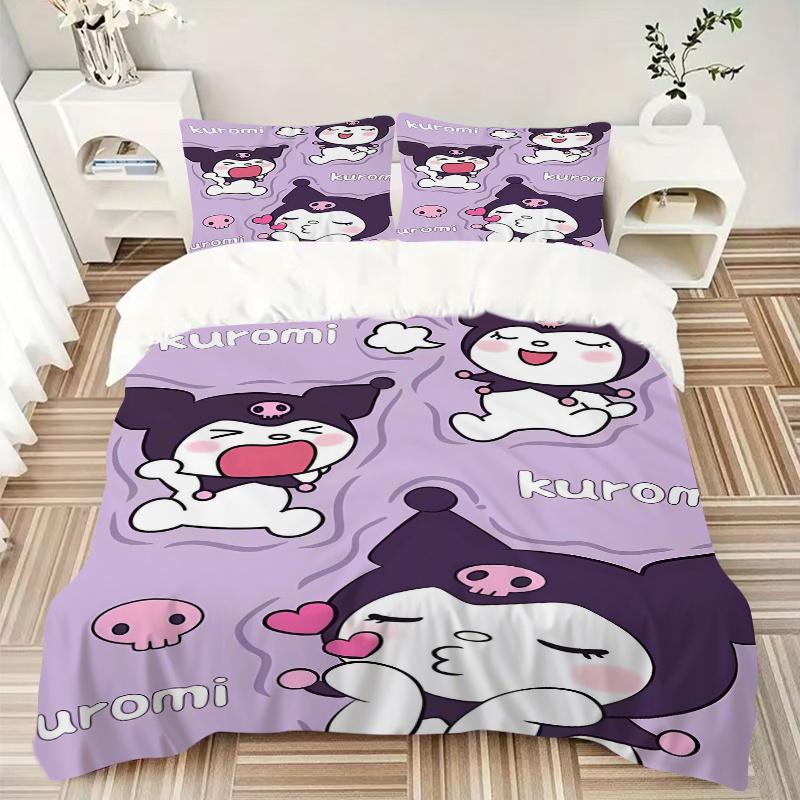 3pcs Kuromi's Playful Adventures Pattern Bedding Three-Piece Set (1 Cover + 2 Pillowcases, No Fillings), Soft and Comfortable S055