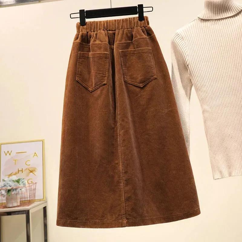 Women's Fall/Winter Thickened Plus Size Corduroy Skirt Loose-Fitting, Flattering High-Waisted Mid-Length A-Line Skirt