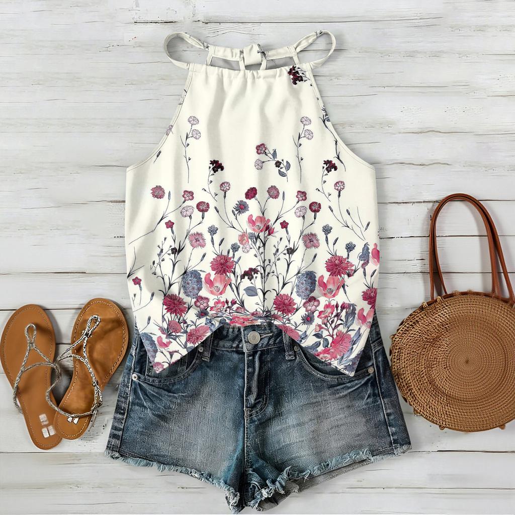 Women’s Sleeveless Bohemian Floral Print Neck Tank Top with Relaxed Fit and Lightweight Fabric for Daily Wear and Layering