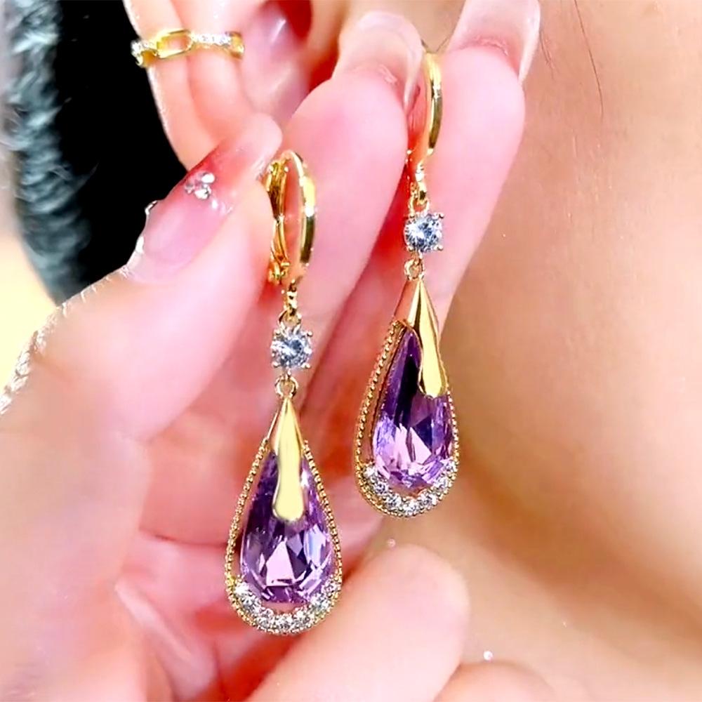 Elegant Gold Tone Drop Earrings with Purple and Clear Stones for Women