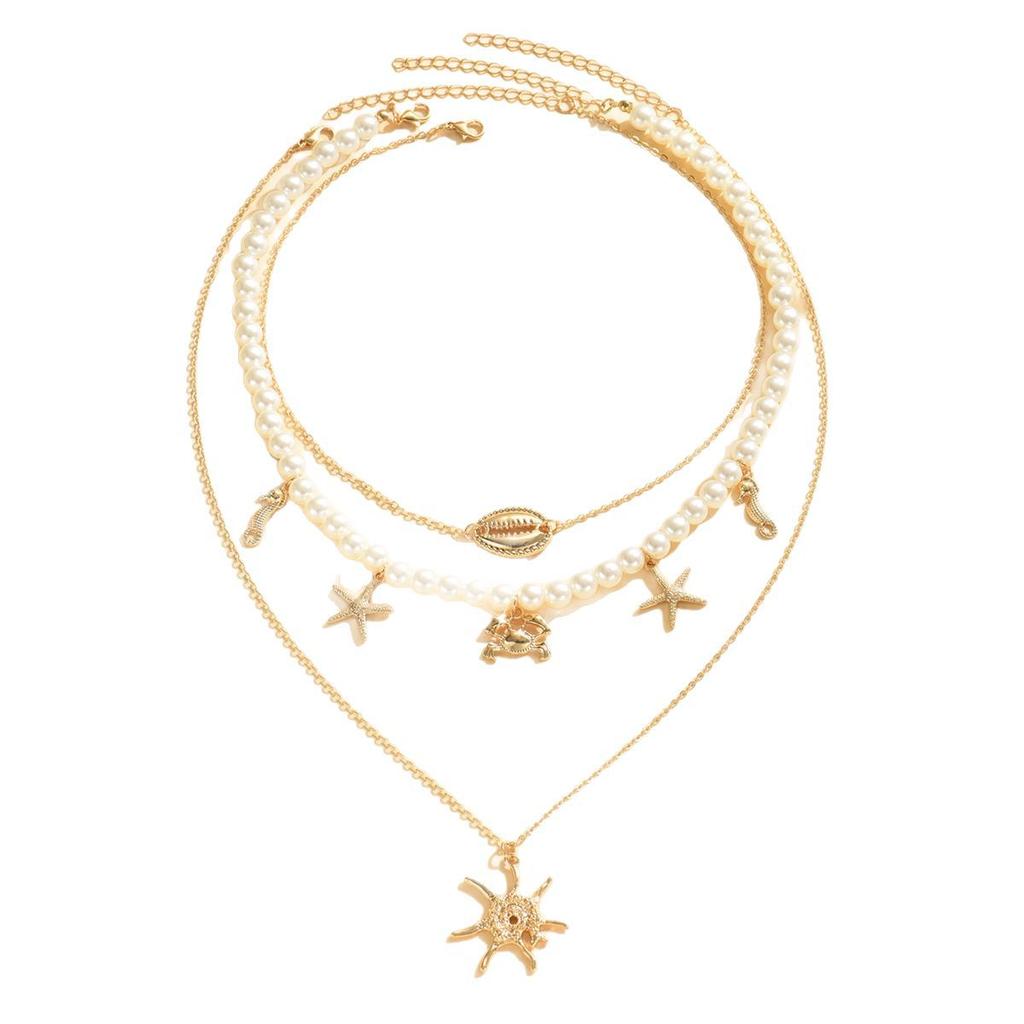 Ocean Wind Multi-element Crab Scallop Starfish Seahorse Necklace Elegant Imitation Pearl Multi-layer Stacked Necklace Women