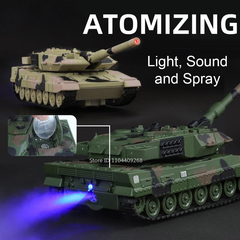 1:32 Leopard2 T-90 M4 Main Battle Tank Tiger Heavy Tanks Model Toy Car Sound Light Spray Military Vehicle Models for Boys Kids