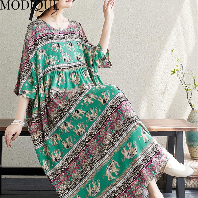MODIQUE Sommer Übergröße Neues Kleid Hemd Damen Vintage Baumwolle Leinen Falten Kleid Drucken Lässig Damenkleider Kurzarm O-Ausschnitt Volantkleid