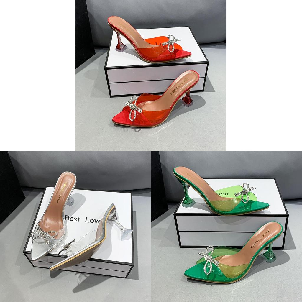 European Style Crystal Bow Tie Strap High Heels For Women With Pvc Upper And Rubber Sole