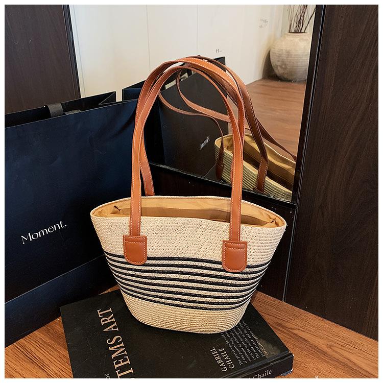Straw Bag Striped Woven Bag Straw Beach Travel Handbag Shoulder Bag Women's Bag Tote Bag