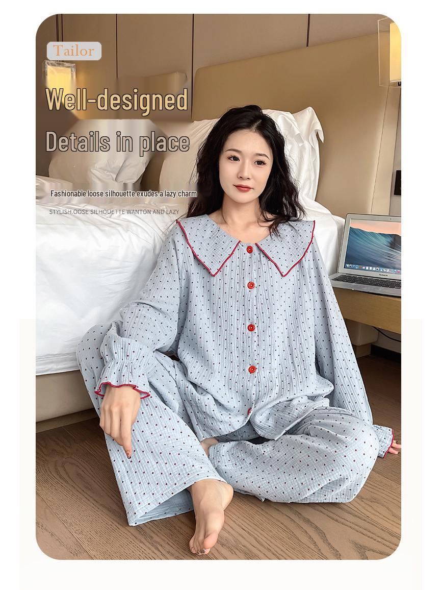 

Plus Size Sweet Polka Dot Large Lapel Pure Cotton Women s Pajama Set 3XL синій