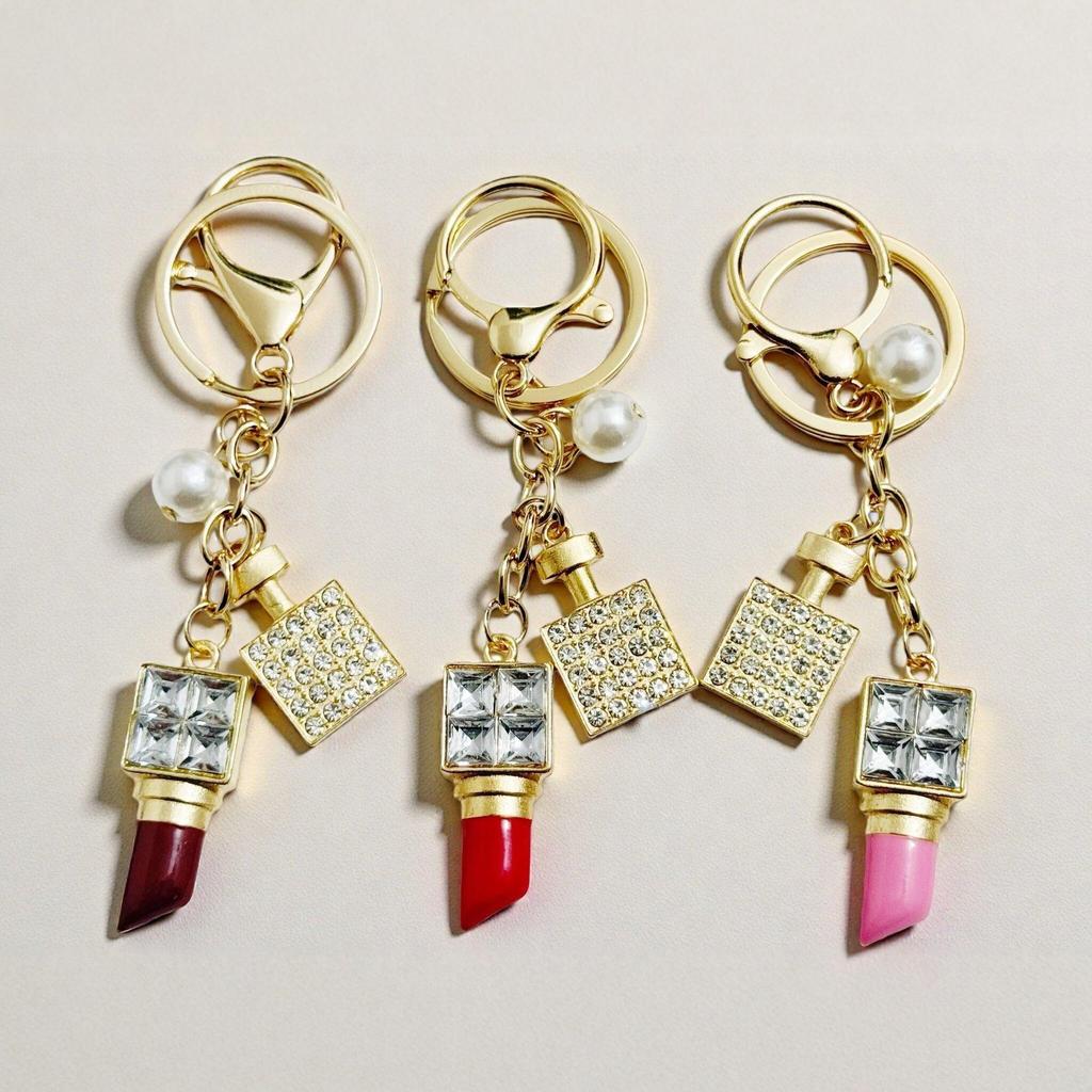 Rhinestone Perfume Bottle Lipstick Pearl Keychain Charm