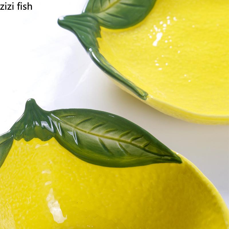 Hand Drawn Relief Ceramic Plate Lemon Shaped Pasta Plate Dessert Snack Plate Salad Bowl Yogurt Bowl Lemon Mug Creative Tableware