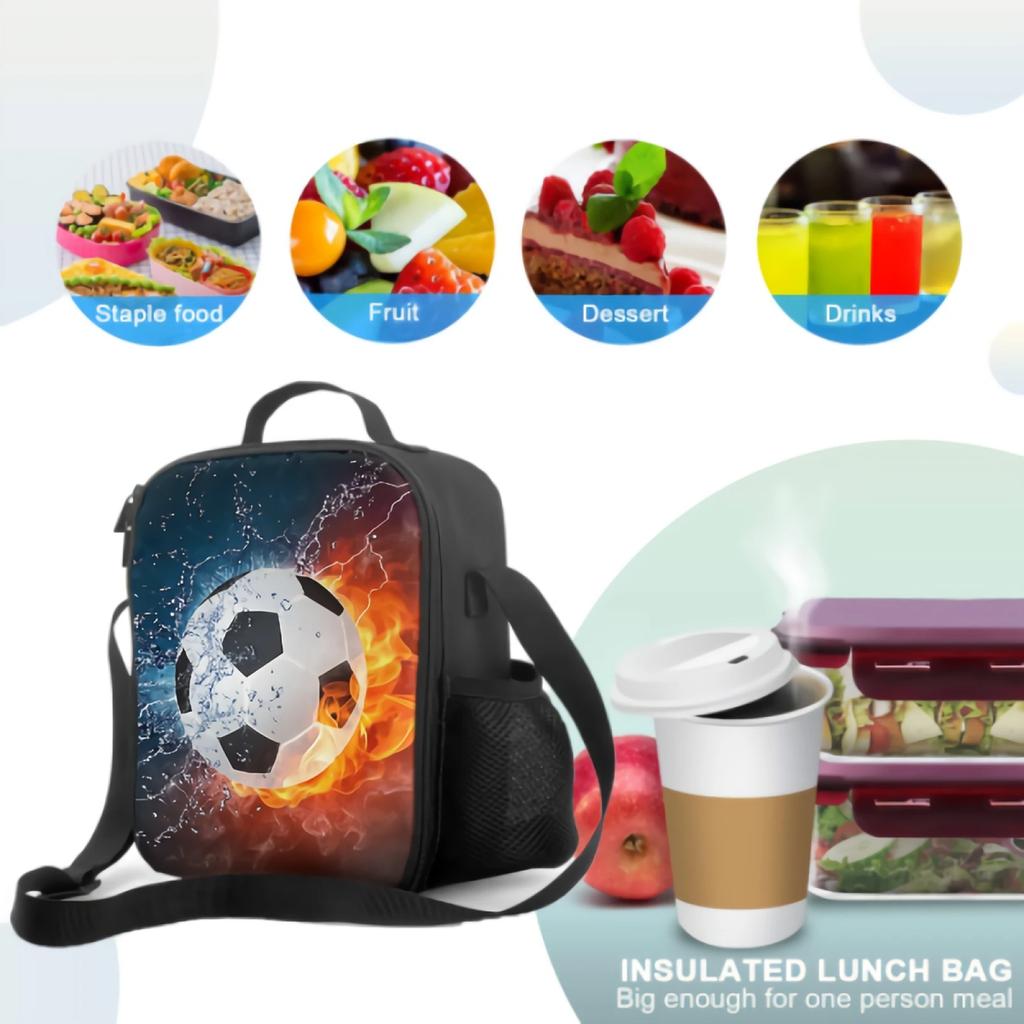 Soccer Ball In Fire And Water Insulated Lunch Bag for School Work Picnic Football Sport Tote Lunch Box Containers Cooler Bag