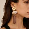 Retro Geometric Coffee Faux Wood Oval Dangle Earrings