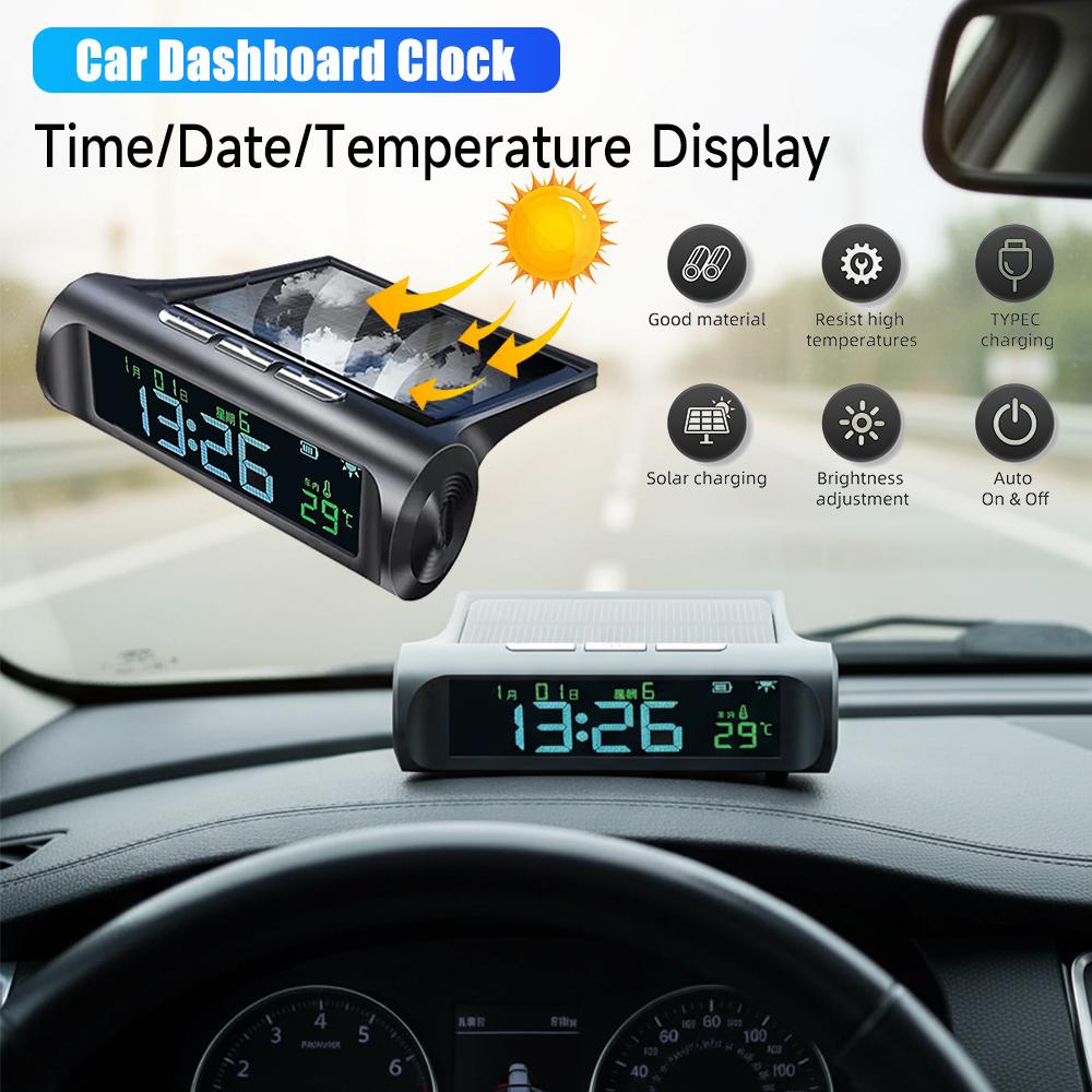 Solar Car Digital Clock In-Car Temperature Display with Time/Date/Temperature Display Car Dashboard Digital Clock for Truck