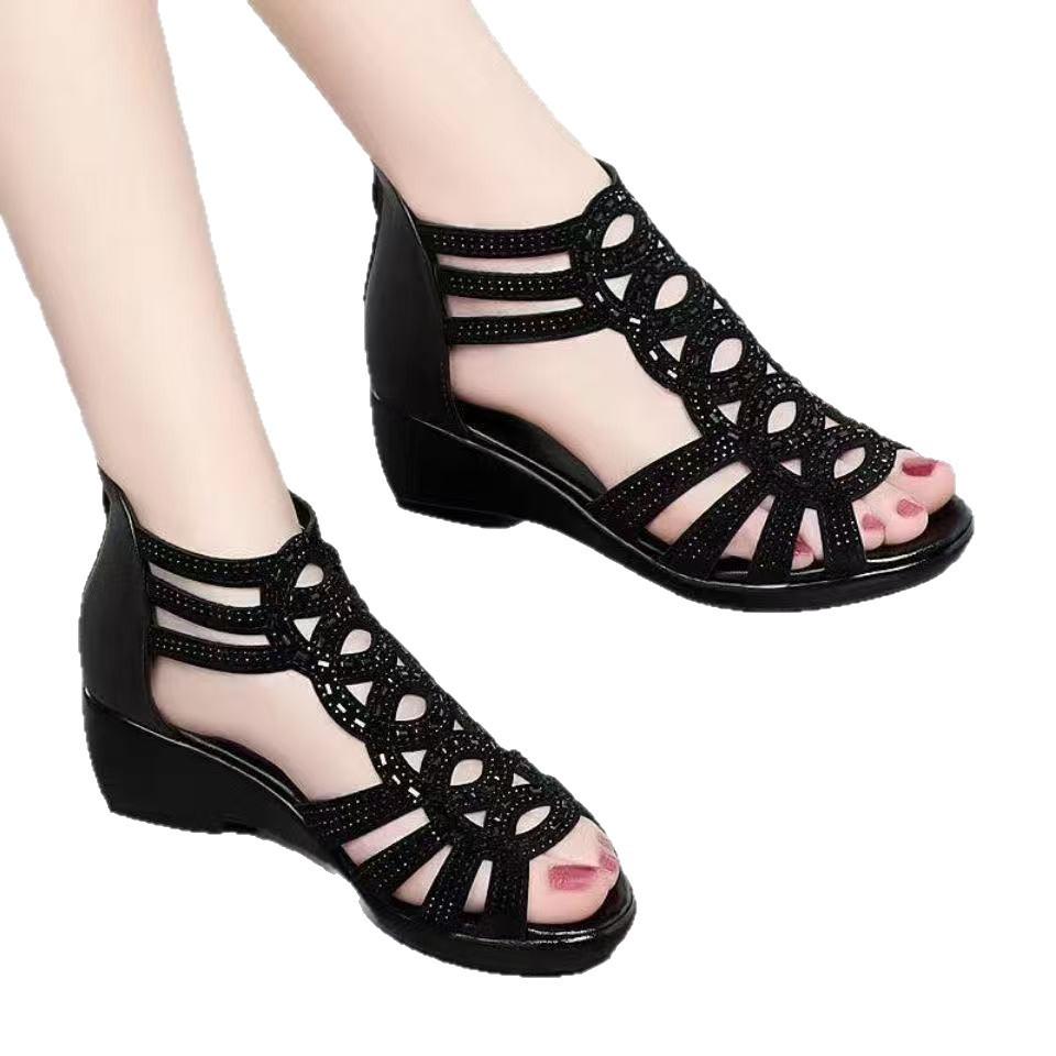 New Soft Leather Roman Sandals Women's Summer Soft Sole Rhinestone Casual Fashion Women's Sandals Wedge Heel Women