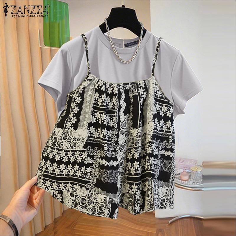 ZANZEA Women Casual Round Neck Short Sleeve Camisoles Two Piece Summer Blouse