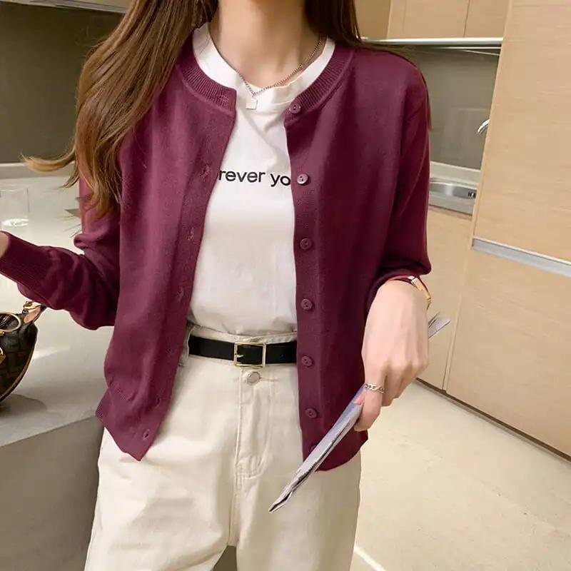 Women Spring Autumn Round Neck Casual Cardigans Knitted Cardigan Jacket Solid Color Slim Jumpers Female