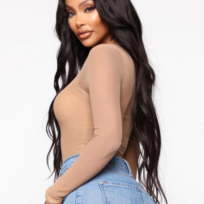 Women Sexy Long Sleeve Jumpsuits See-Through Mesh Lace Lingerie Solid Color   Fashion Women Turtleneck Bodysuit
