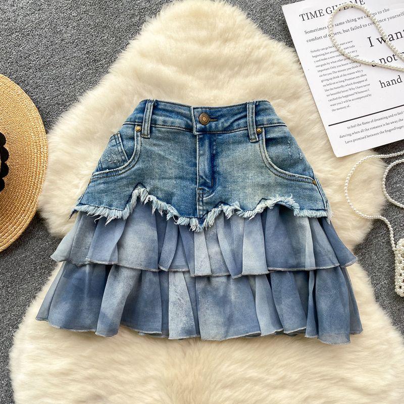 

Fashion Chiffon Ruffles Patchwork Denim Skirt Light Blue M