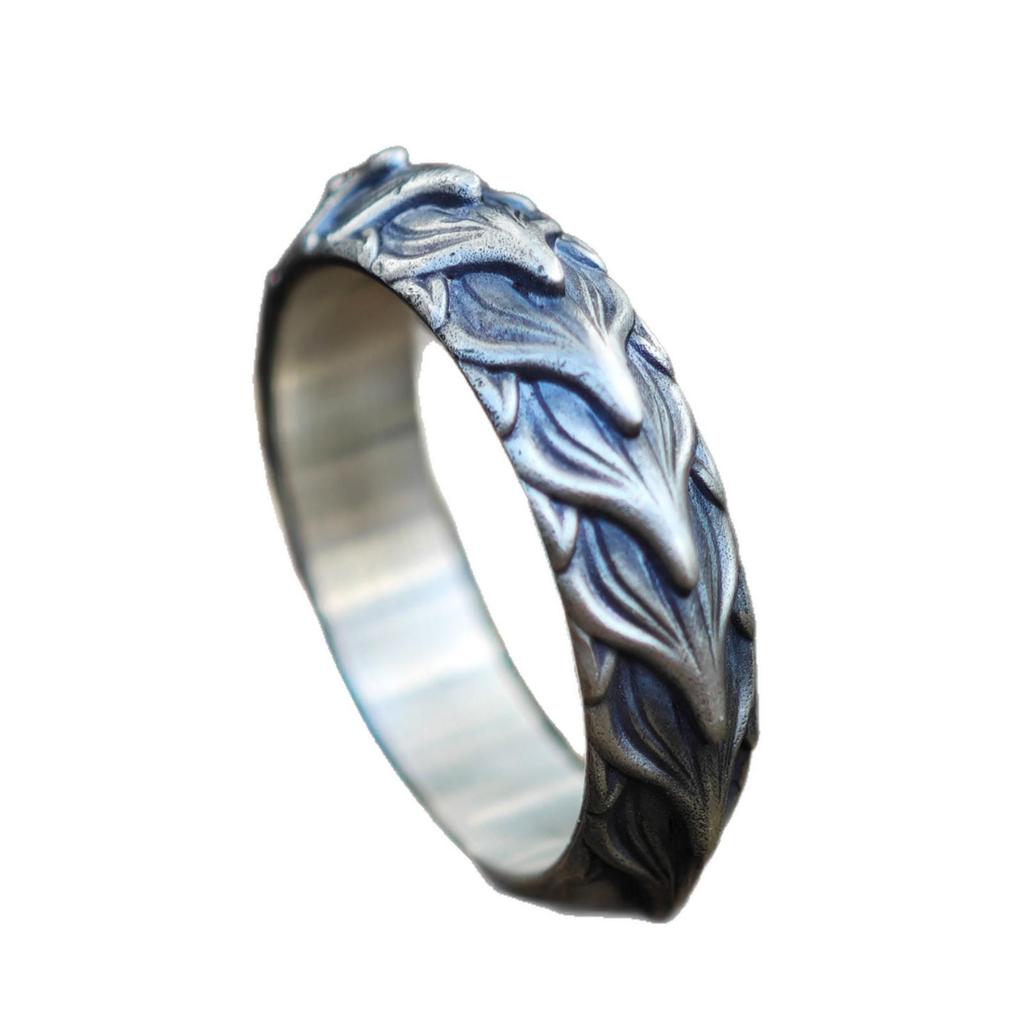 Yin Taifei Retro DUALFLOW Red Lotus Dragon Scale Armor Ring In Weathered Thai Silver