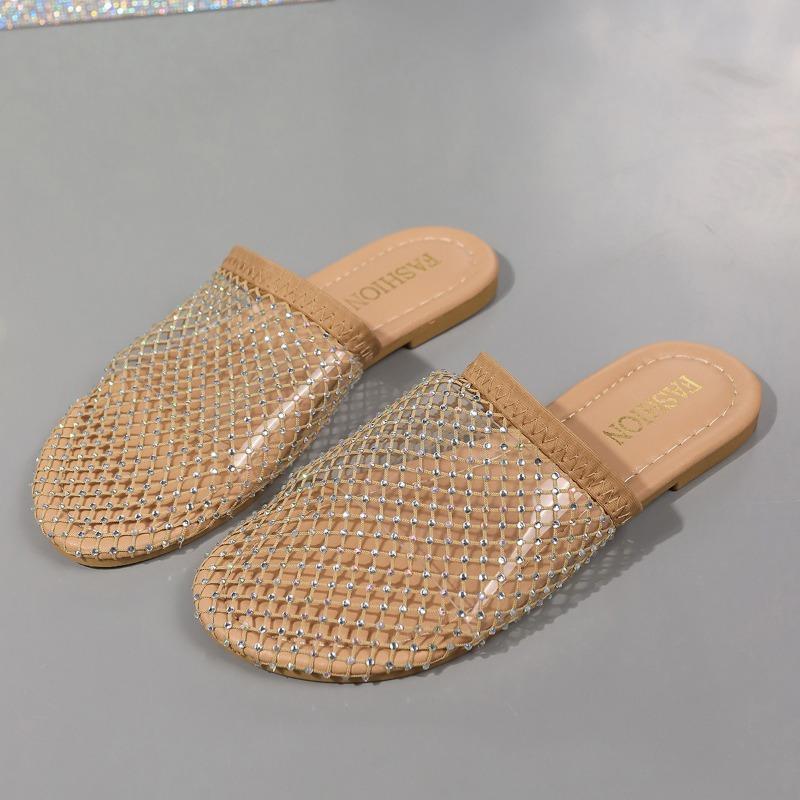 Women's Rhinestone Mesh Mules Sparkly Slip-On Flat Sandals with Fashion Insole