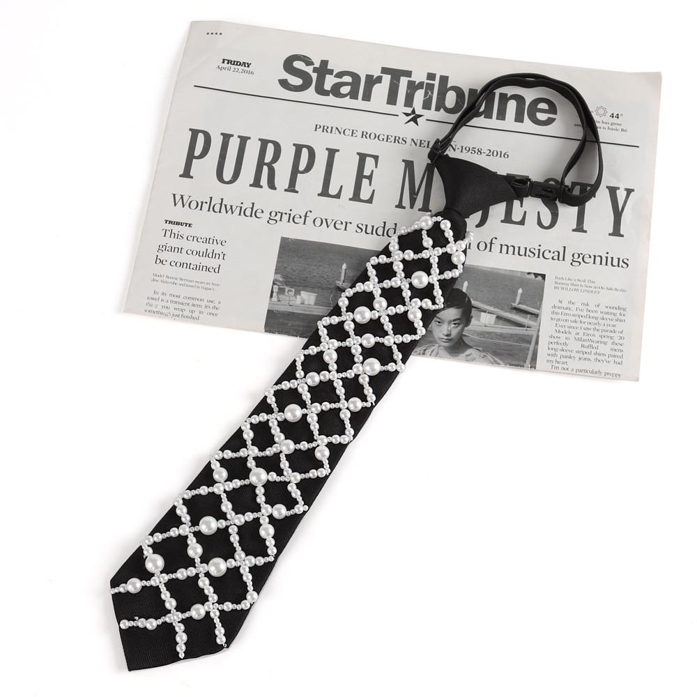 Modern Unisex Neck Tie With Pearl Detailing In Black For Formal And Casual Wear