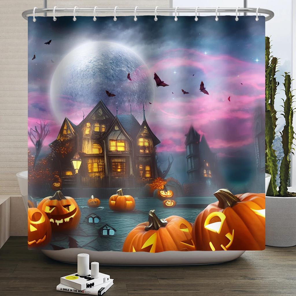 Halloween Duschvorhang Horror Mondnacht Kürbis Schädel Skelett Gruseliges Schloss Hexe Geist Friedhof Wasserdicht Badezimmervorhänge