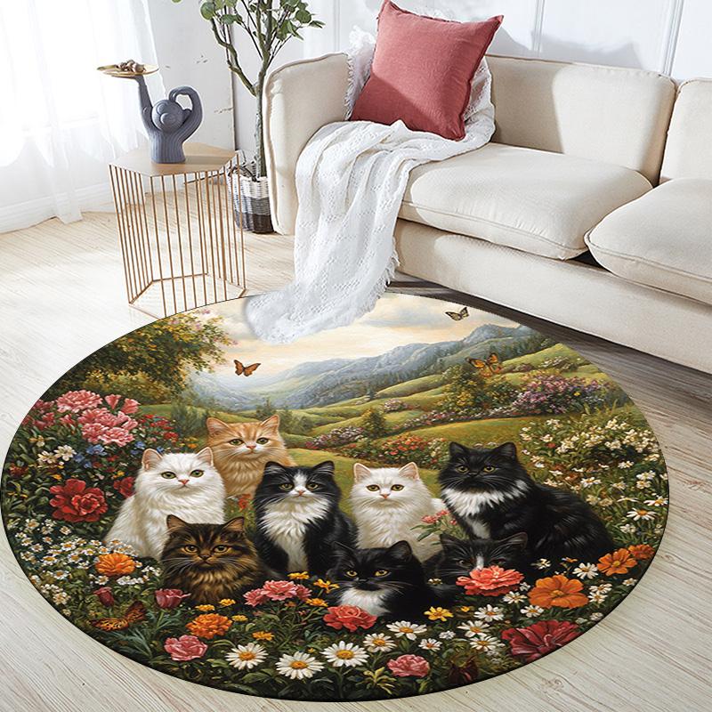 Cats In a Garden Round Area Rug,Carpet Rug for Living Room Bedroom Sofa Playroom Decor,Non-slip Floor Mat