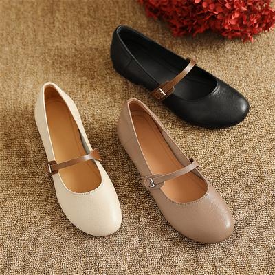 Fashion New Spring/summer Mary Jane Shoes Genuine Leather Shoes for Women Fashion Round Toe Shallow Women Pumps Chunky Heels Beige