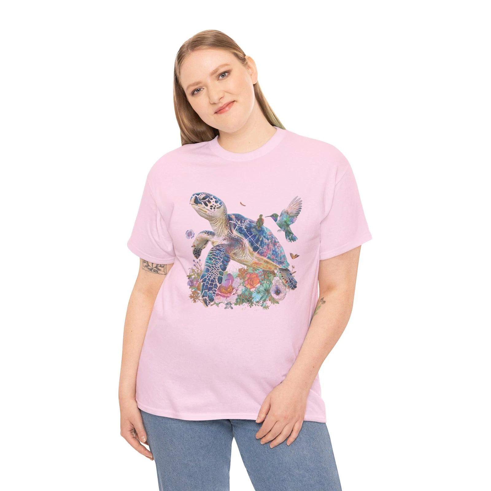 Eco-Friendly Turtle T-Shirt | Tropical Turtle Iridescent Floral Shirt M