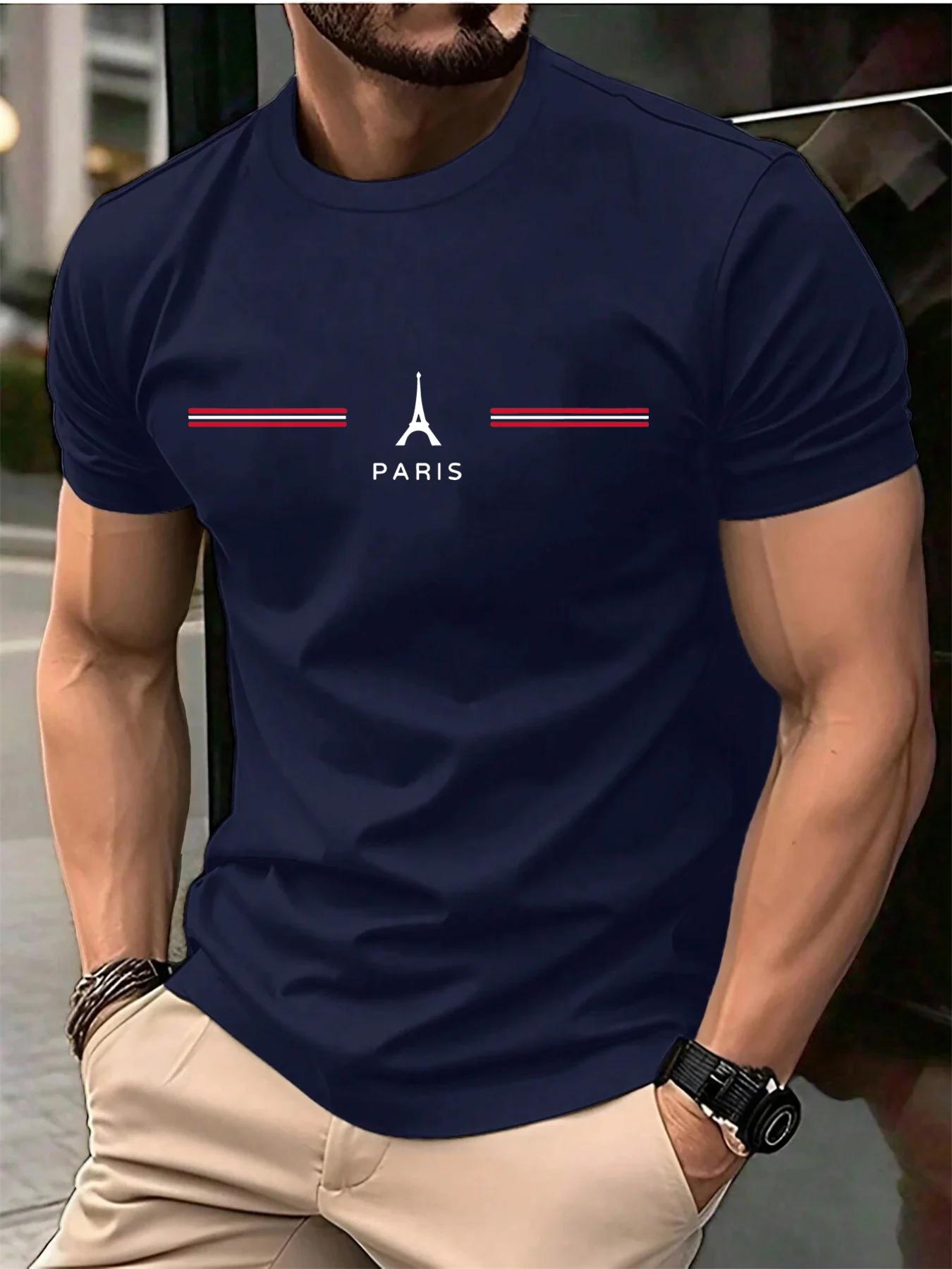 GUOYAN TOP Heren Katoen Zomer Los Oversized Casual Parijs Letterprint Sport Rond Hals Korte Mouw T-shirt Tops Tees 3XL