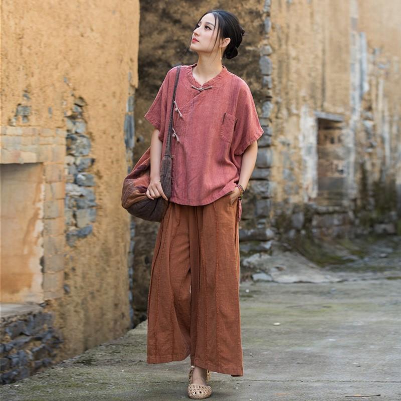 Johnature Women Vintage Shirts Tops O-Neck Bat Sleeve Blouses Summer Solid Color Loose Button Pockets Shirts