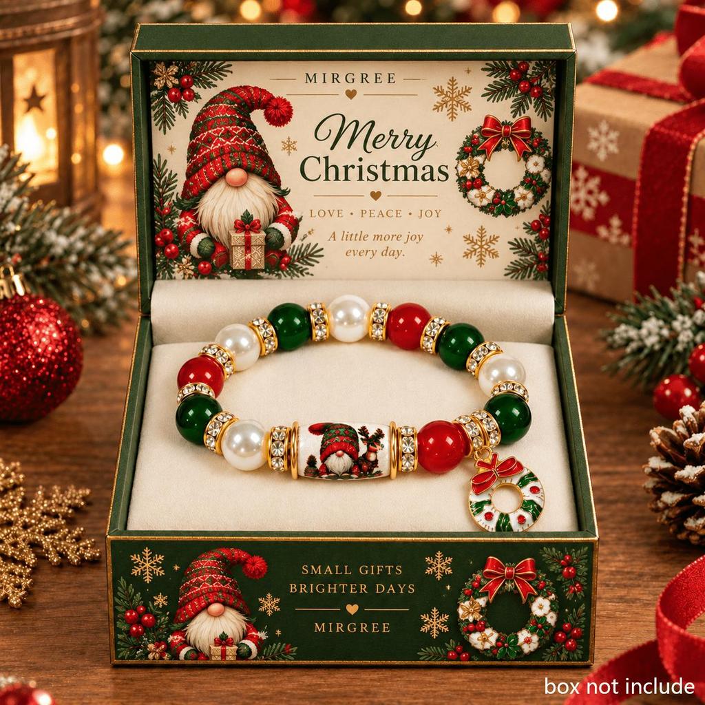 MIRGREE Christmas Gnome Bracelet for Women, Red Green White Beaded Bracelet with Wreath Charm, Festive Holiday Jewelry, Christmas Gift for Her