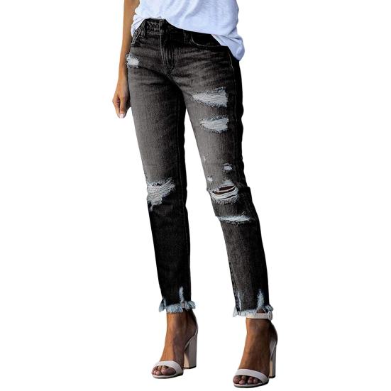 Women's Skinny Ripped Jeans Mid Rise Distressed Destroyed Denim Pants with Pockets Stretchy Slim Fit Jean Trousers