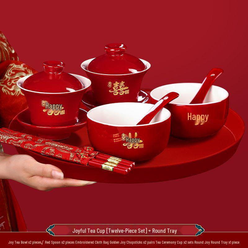 Ensemble de tasses à thé de mariage Double Bonheur: Service à thé rouge avec bol, baguettes et une paire de tasses - Parfait pour les cadeaux de mariage et la dot.