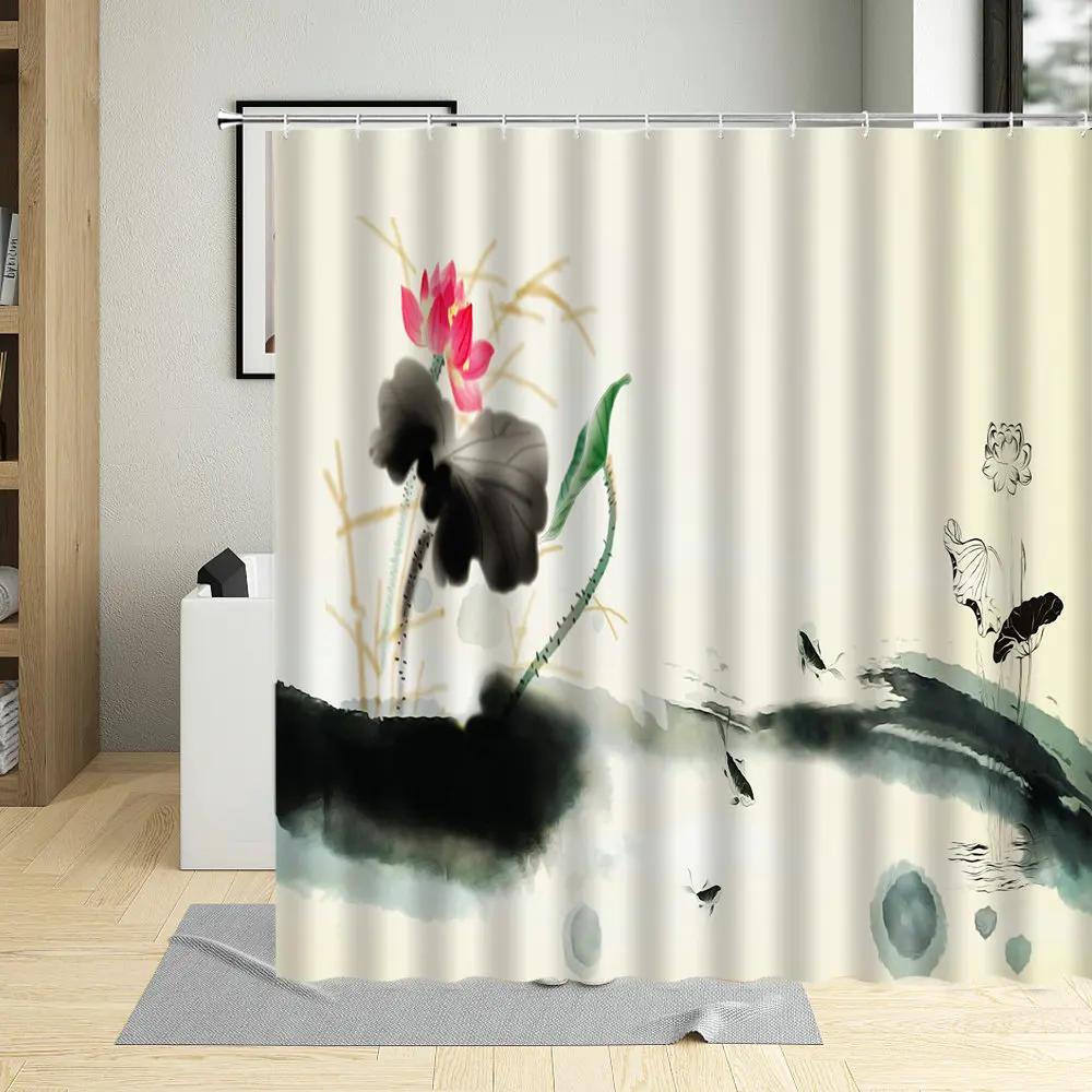 Chinese Style Shower Curtain Ink Painting Mountain Bird Flower Plant Bamboo Scenery Bathroom Hanging Curtain Set Polyester Cloth