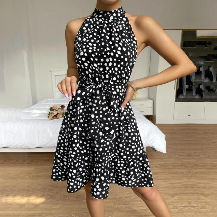 Dámské podzimní zimní mini šaty bez rukávů s ohlávkou, ležérní puntíkovaný potisk, vysoký pas, áčková linie, volánové okraje