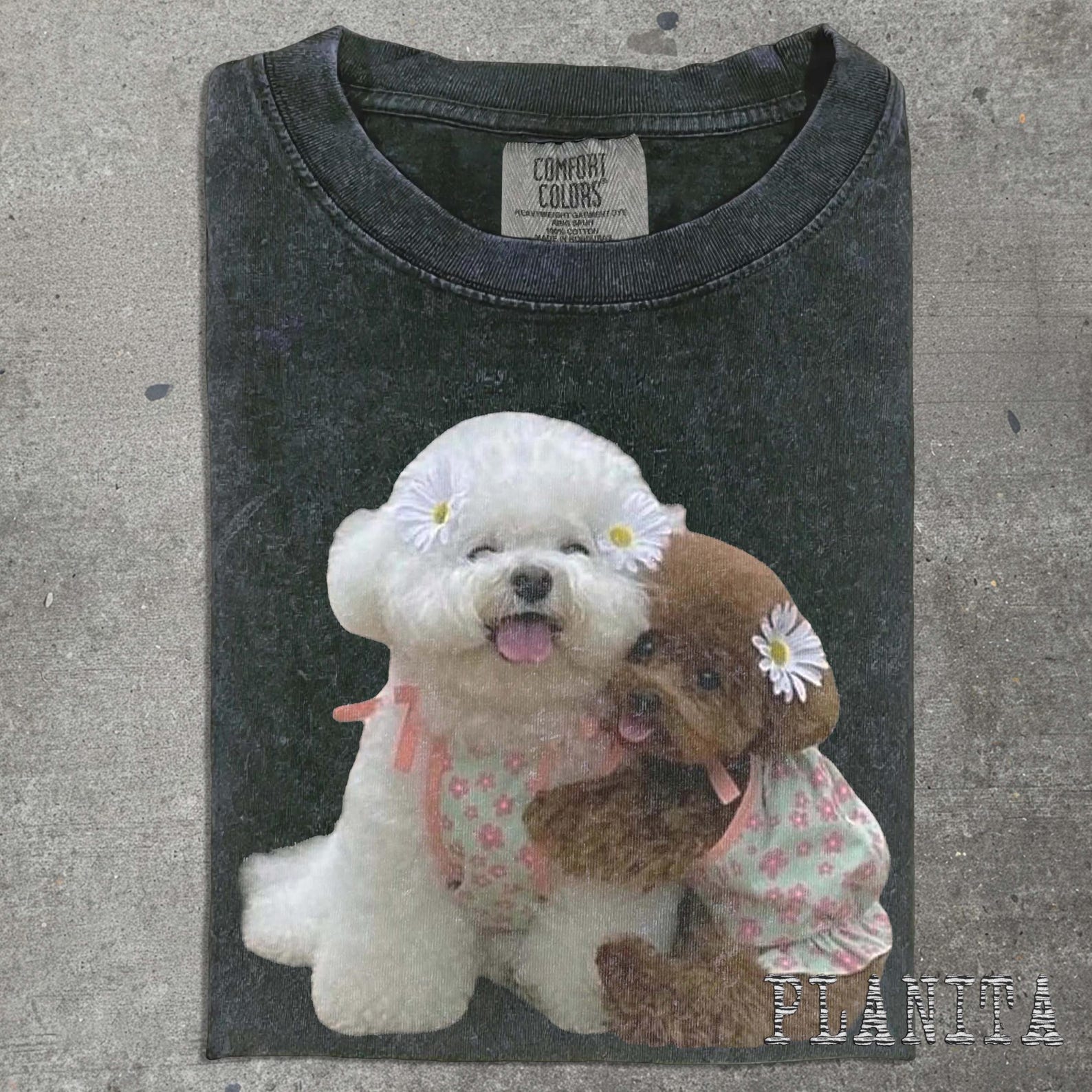 Floral Bichon and Poodle Illustration T-shirt 4XL