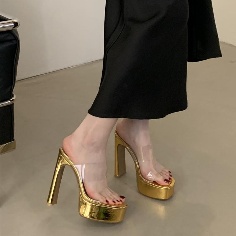 15cm Ultra High heels Platform Wedges Women Slippers Sandals Transparent PVC Chunky Heeled Mules Slides Summer Shoes