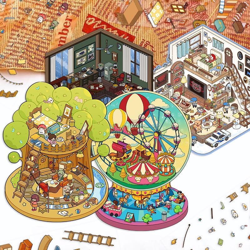 Cartoon Landscape Sticker Cute Miniature World 3D Three-dimensional House Unzipped DIY Scene Handbook Sticker